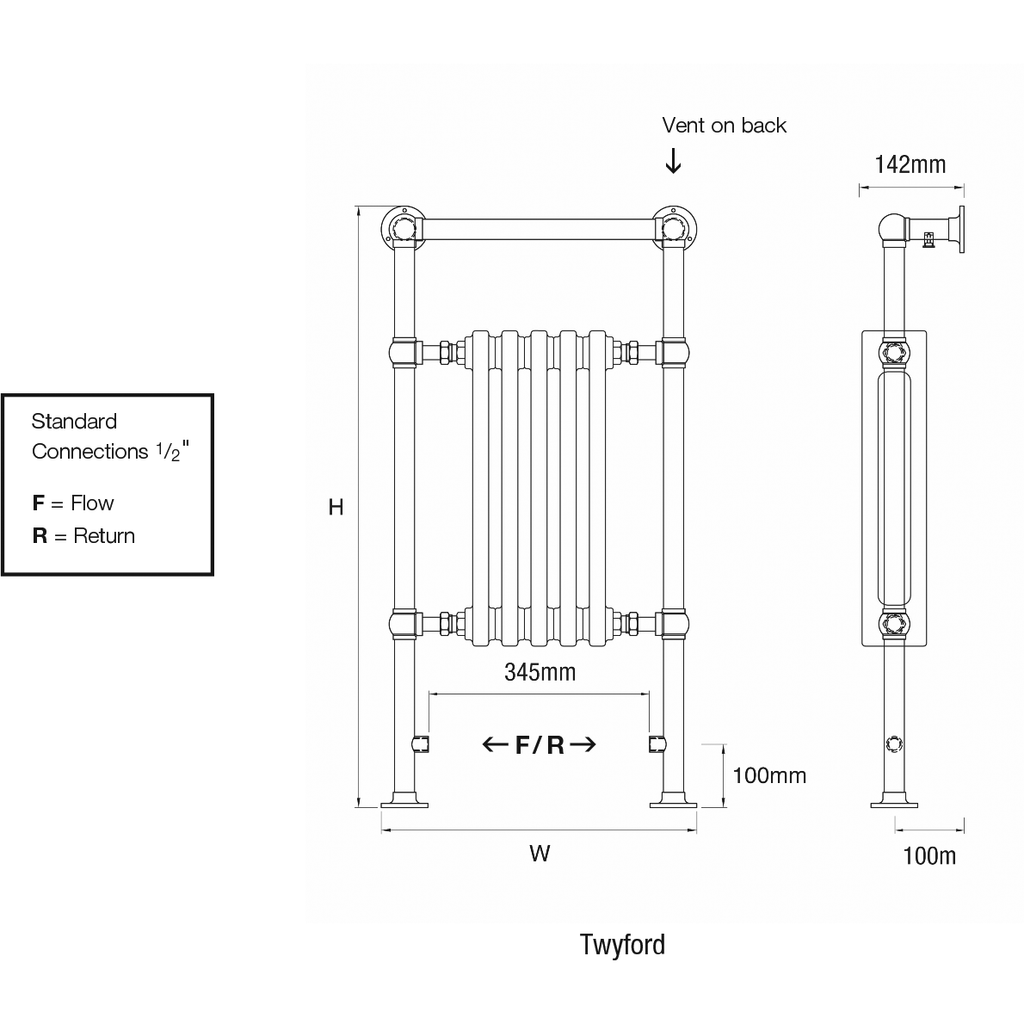 Twyford Traditional Towel Rail 952mm High x 500mm Wide Chrome BTU